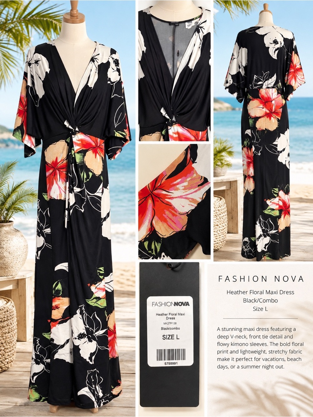 Fashion Nova Black Floral Maxi- Coral, Cream, Green